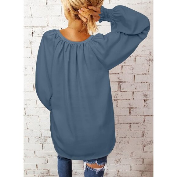 Womens Blue Stylish, Elegant Smocked Long Sleeve V Neck Casual Chiffon Shirt Top - Picture 4 of 4